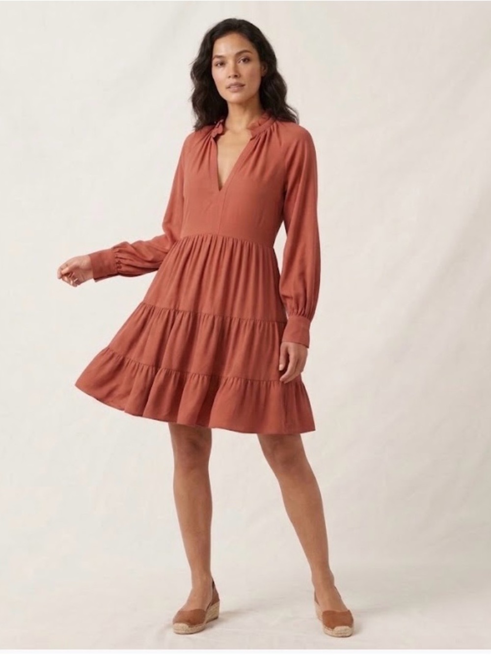 Amanda Uprichard Tiered V-Neck Long-Sleeve Dress in Terracotta 1220